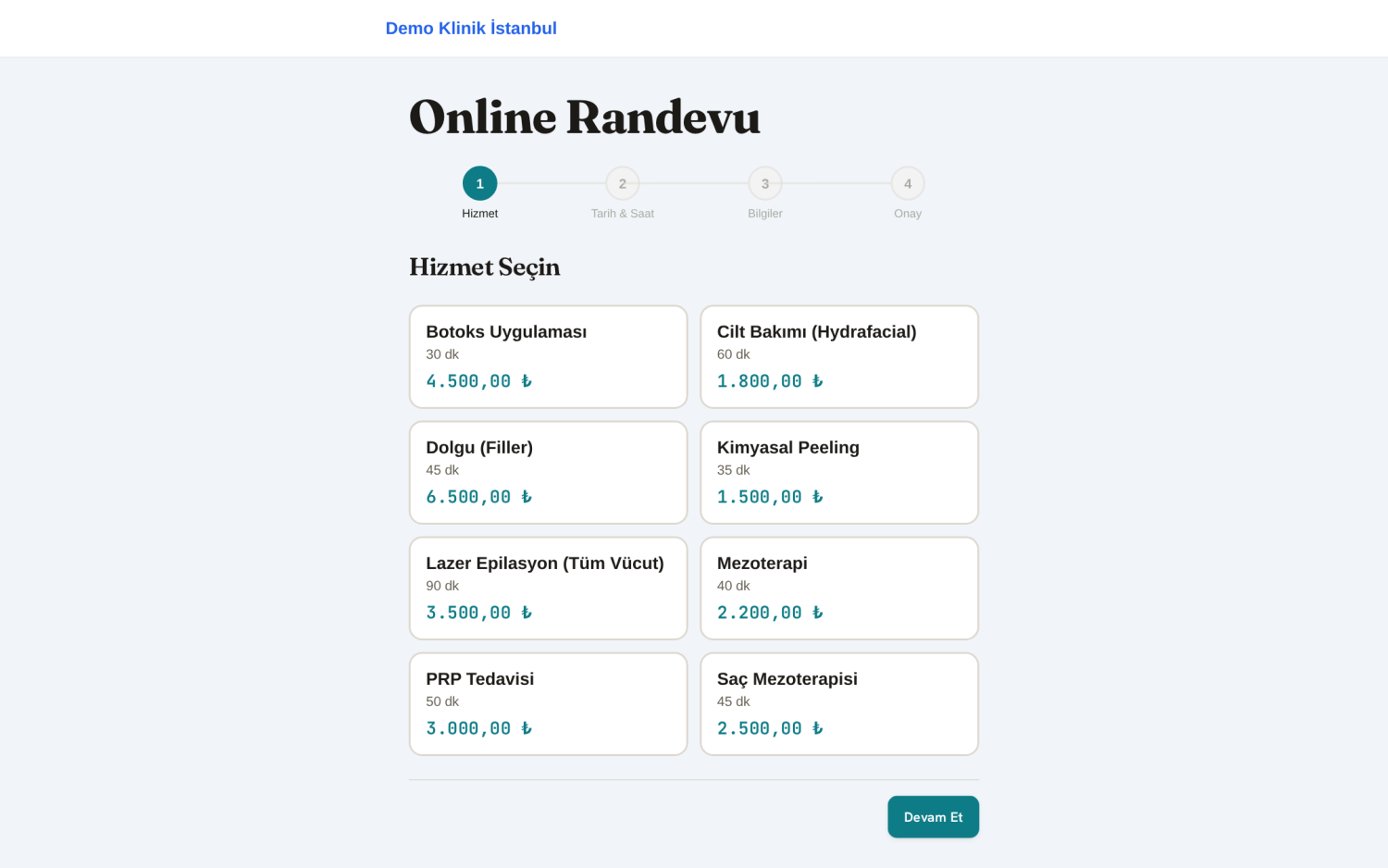 KlinikPro online rezervasyon sayfası